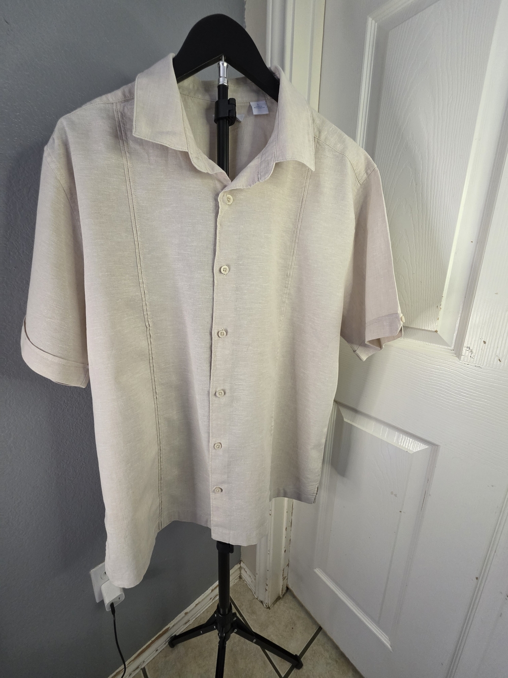 Café Luna Men's Linen Blend Guayabera Shirt Large Tan Beige Short Sleeve Resort